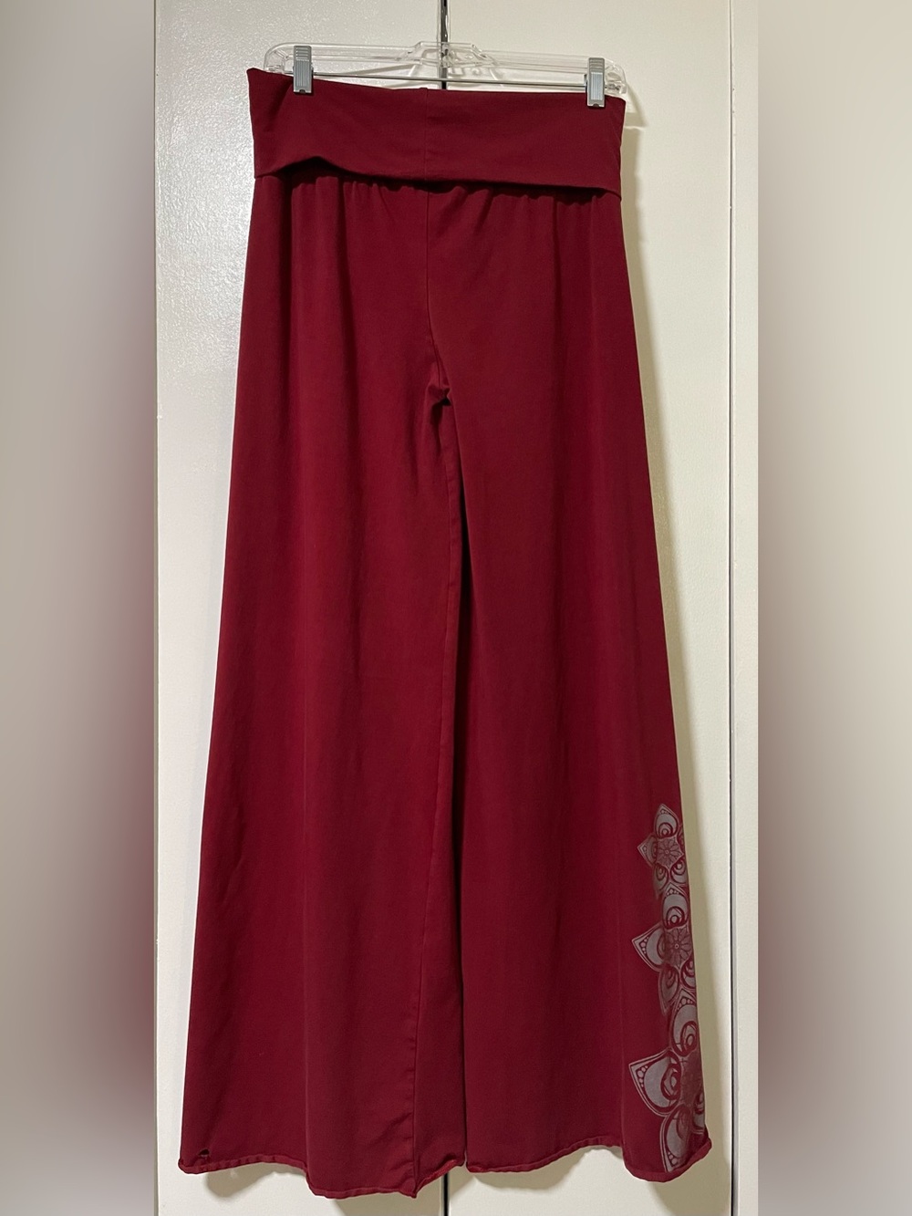 Soul Flower Wide Leg Pants in Deep Burgundy with Gray Floral Print - Picture 4 of 7